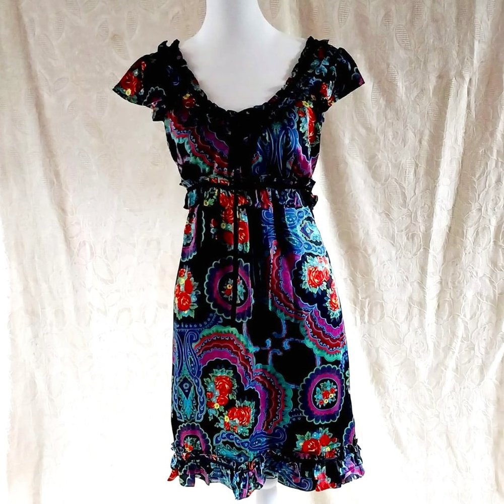 VTG Y2K Betsey Johnson 100% Silk Multicolor Ruffled Dress